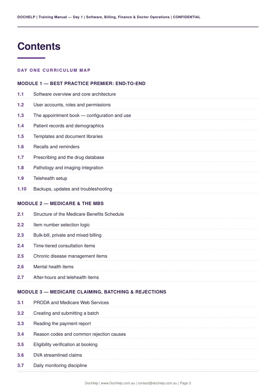 Sample page from a DocHelp Practice Manager training manual — Day 1 curriculum map
