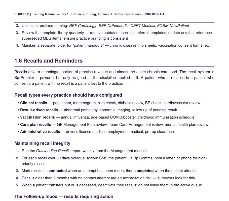 Sample page from a DocHelp Bp Premier training manual — recalls and reminders procedures