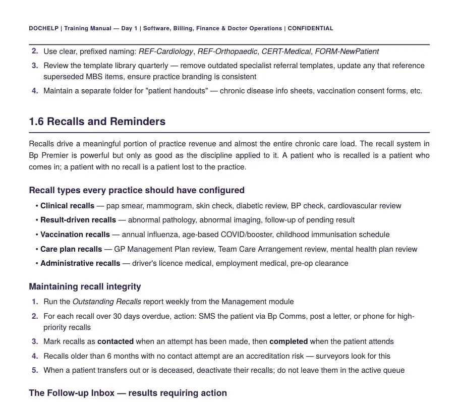 Sample page from a DocHelp Bp Premier training manual: recalls and reminders procedures