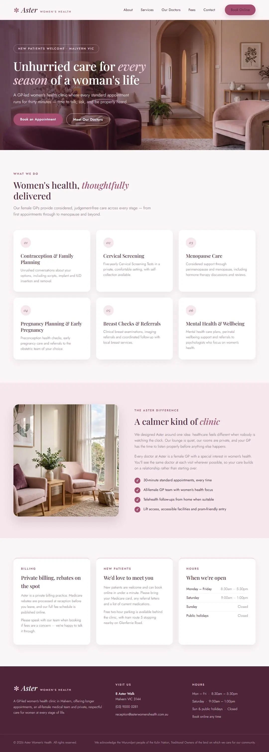Aster Women's Health concept: elegant blush and plum women's health clinic website