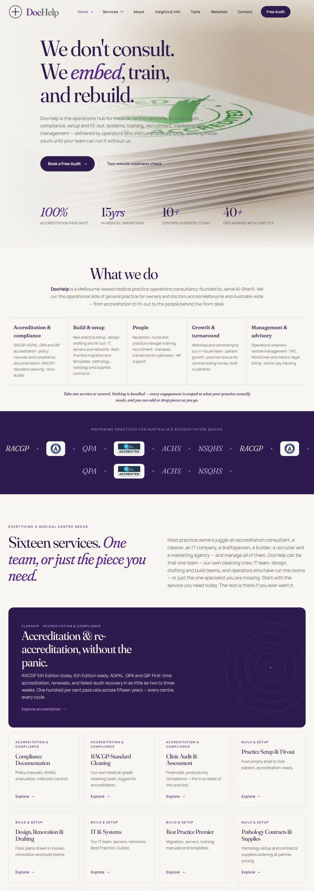 The DocHelp homepage: deep purple and cream design opening on the stamped-paper hero