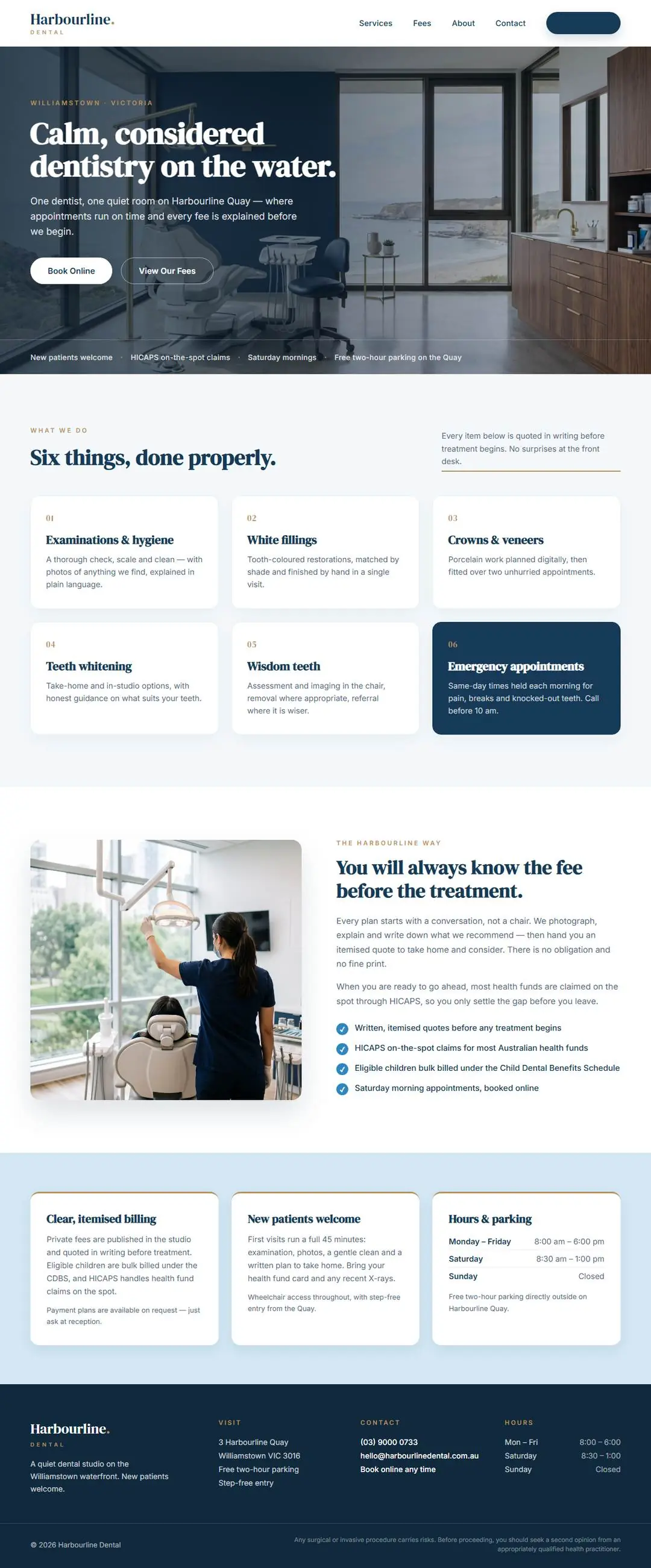 Harbourline Dental concept: calm navy and white premium dental studio website