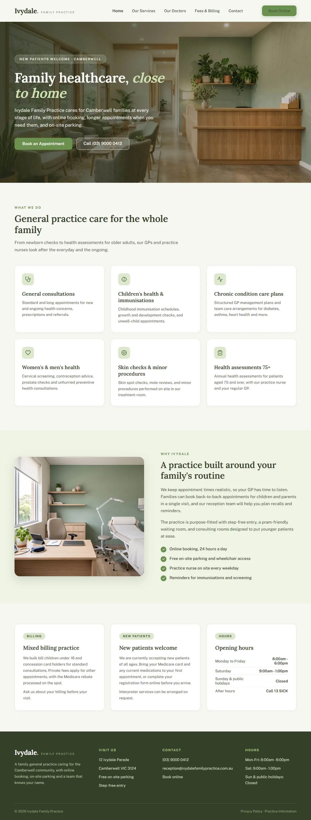 Ivydale Family Practice concept: warm sage-green family GP website with a timber reception hero