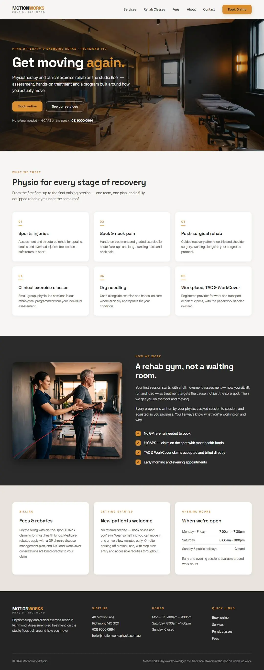 Motionworks Physio concept: charcoal and amber physiotherapy studio website